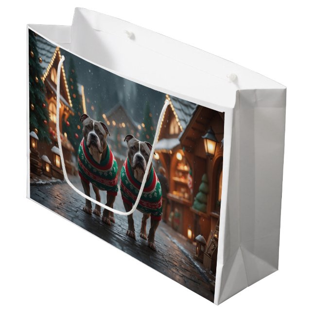 Bolsa De Regalo Grande Pitbull Dogs Christmas Snow Holiday (Angulo Anverso)