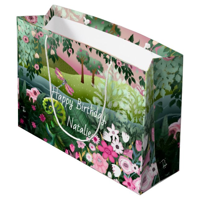 Bolsa De Regalo Grande Pizarra rosa con libélula pintada a mano (Angulo reverso)