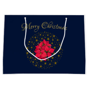 Bolsa De Regalo Grande Planta de poinsettia roja sobre cielo azul estrell