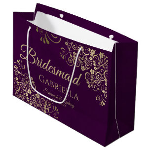 Bolsa De Regalo Grande Pluma morada y encaje dorado elegante dama de hono