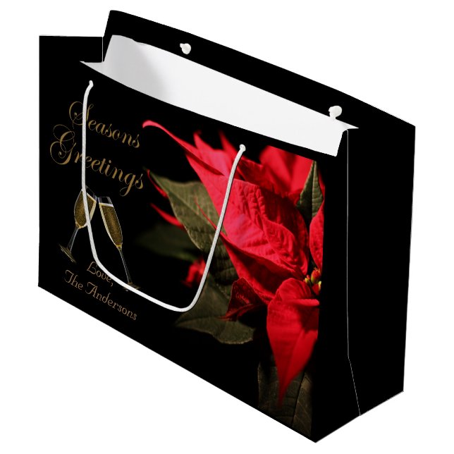 Bolsa De Regalo Grande Poinsettia y champán elegante personalizado (Angulo Anverso)