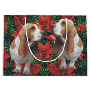 Bolsa De Regalo Grande Poinsettias del navidad de Basset Hound