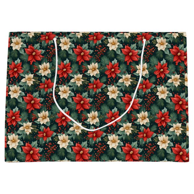 Bolsa De Regalo Grande Poinsettias rojas y crema con bayas (Anverso)