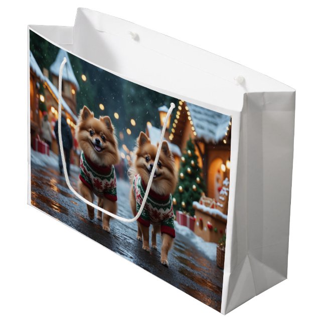 Bolsa De Regalo Grande Pomeranian Dogs Christmas Snow Holiday  (Angulo Anverso)