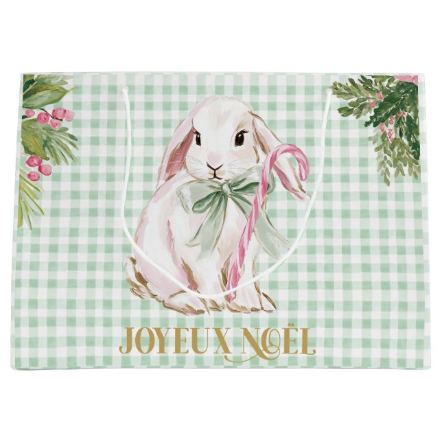 Bolsa De Regalo Grande Preppy Bunny & Green Gingham Joyeux Noël (Anverso)