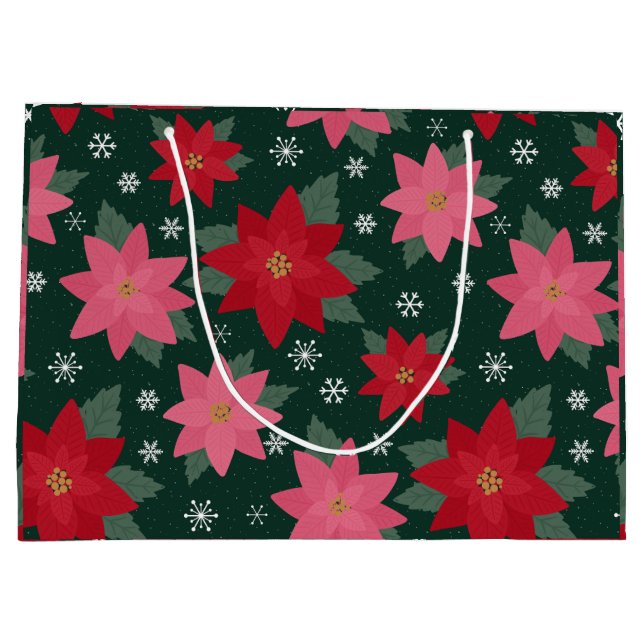 Bolsa De Regalo Grande Preppy Christmas Poinsettias & Snowflake Gift Bag (Reverso)