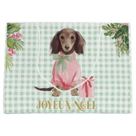 Bolsa De Regalo Grande Preppy Pink Dachshund & Green Gingham Joyeux Noël
