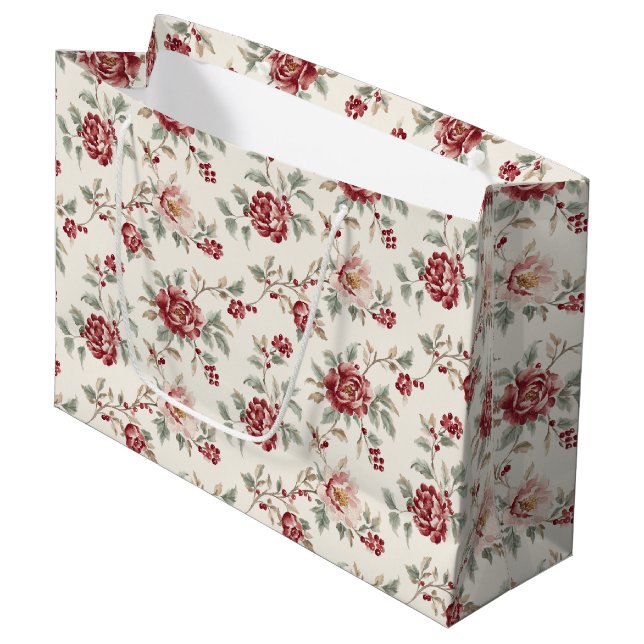 Bolsa De Regalo Grande Pretty Chic Red Cream Floral Birthday  (Angulo Anverso)