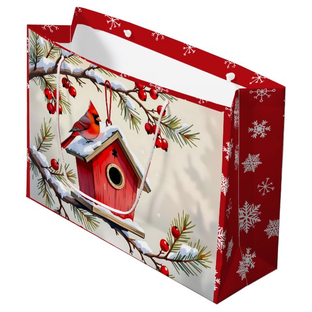 Bolsa De Regalo Grande Pretty Christmas Cardinal & Birdhouse Snowflakes (Angulo Anverso)