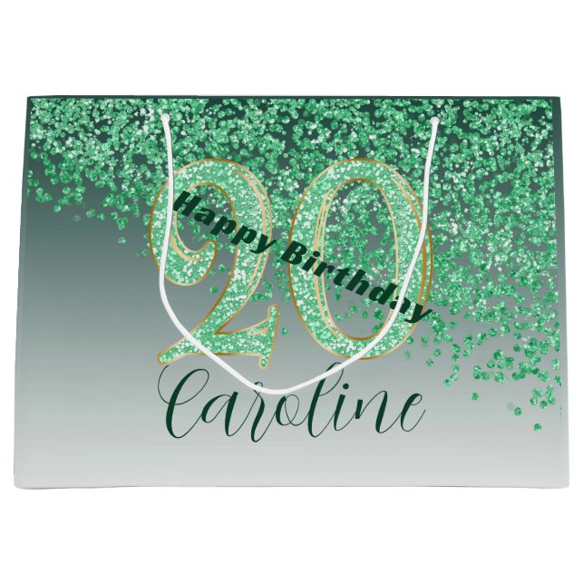 Bolsa De Regalo Grande Pretty Falling Green Glitter 20th Birthday (Anverso)