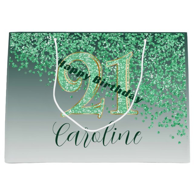 Bolsa De Regalo Grande Pretty Falling Green Glitter 21st Birthday (Anverso)