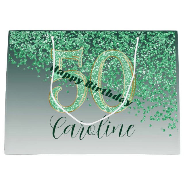Bolsa De Regalo Grande Pretty Falling Green Glitter 50th Birthday (Anverso)
