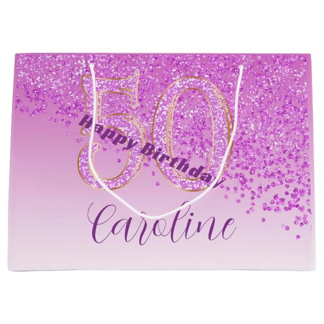 Bolsa De Regalo Grande Pretty Falling Pink Glitter 50th Birthday (Anverso)