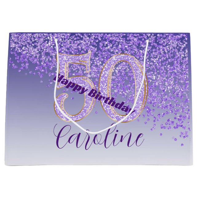 Bolsa De Regalo Grande Pretty Falling Purple Glitter 50th Birthday (Anverso)