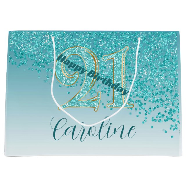 Bolsa De Regalo Grande Pretty Falling Teal Blue Glitter 21st Birthday (Anverso)