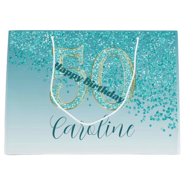 Bolsa De Regalo Grande Pretty Falling Teal Blue Glitter 50th Birthday (Anverso)
