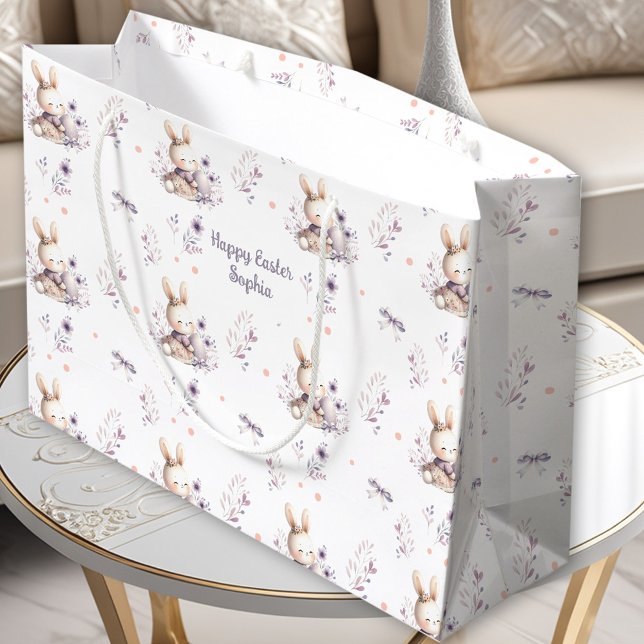 Bolsa De Regalo Grande Primer Chica de Pascua Bunny Nombre Personalizado  (First Easter Girl Bunny Personalized Name Purple Large Gift Bag)