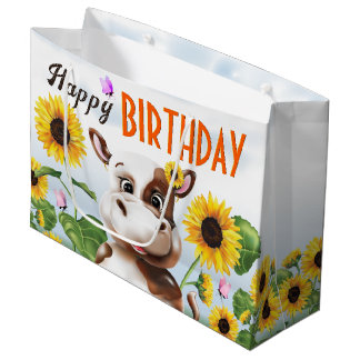Bolsa De Regalo Grande Primer cumpleaños de Cow Sunflower Chica