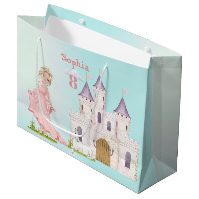 Bolsa De Regalo Grande Princess Pink Blue Castle Cute Cumpleaños (Angulo Anverso)