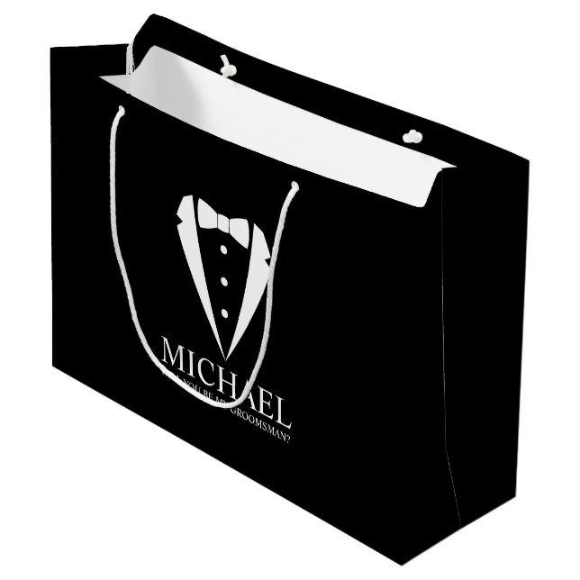 Bolsa De Regalo Grande Propuesta de Groomsman personalizada de Black Tuxe (Angulo Anverso)