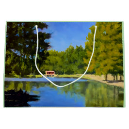 Bolsa De Regalo Grande Puente cubierto rojo en el lago sereno en azul ama