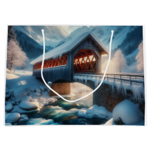 Bolsa De Regalo Grande Puente y río cubiertos de nieve en invierno