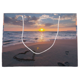 Bolsa De Regalo Grande Puesta de sol en la playa con corazón en la arena