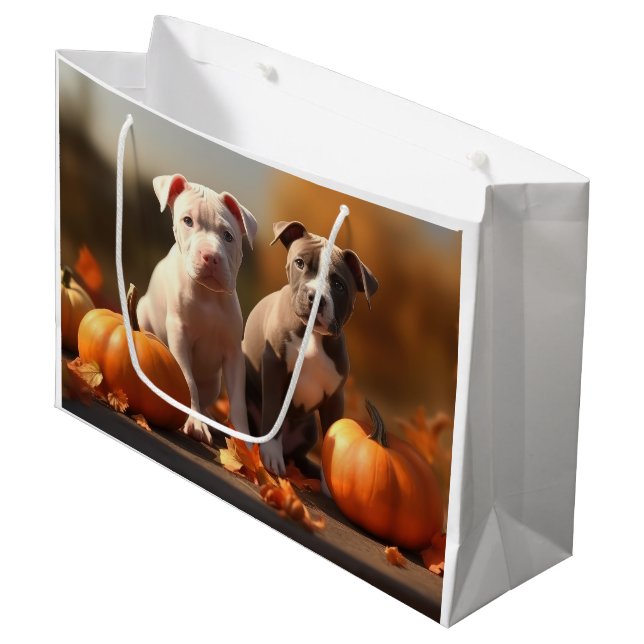 Bolsa De Regalo Grande Puppy Pitbull Calabaza deslumbrante de otoño (Angulo Anverso)