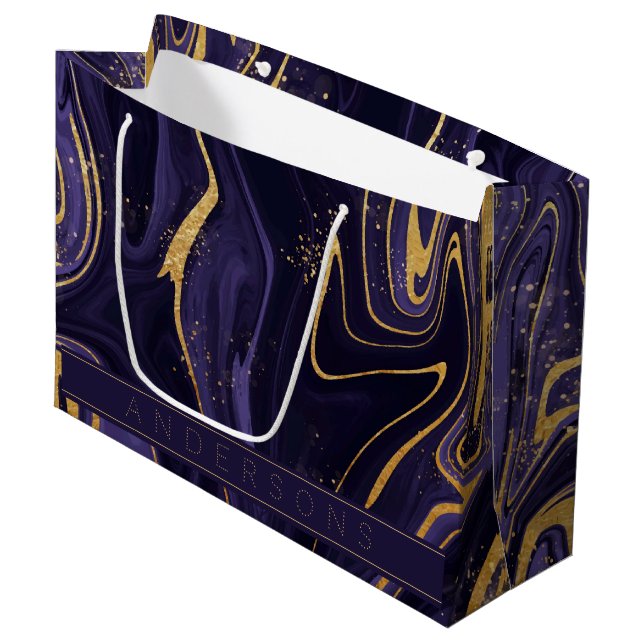 Bolsa De Regalo Grande Purple Gold Marble Efecto Nombre Feliz Navidad (Angulo Anverso)