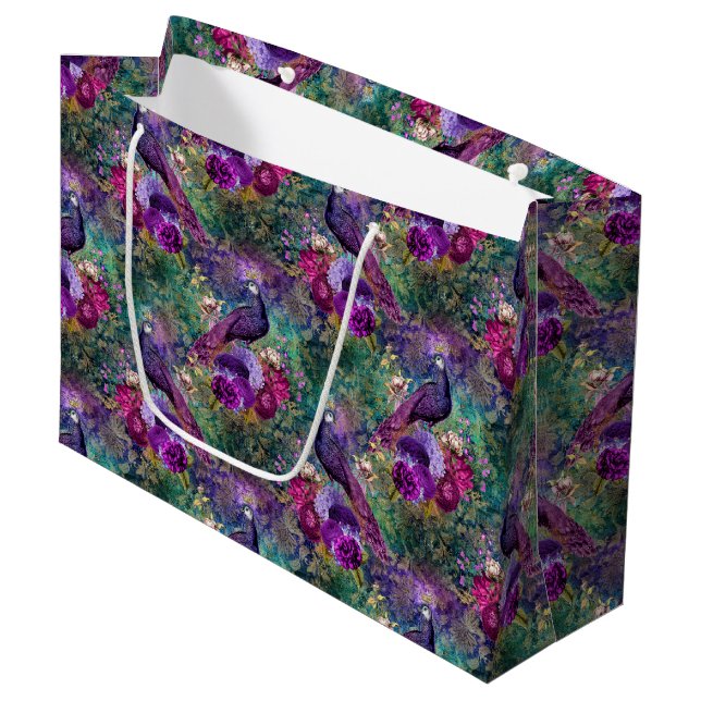 Bolsa De Regalo Grande Púrpura Pink Peacock Floral (Angulo Anverso)