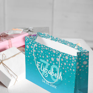 Bolsa De Regalo Grande purpurina de diamantes de 70 años en verde azul ve