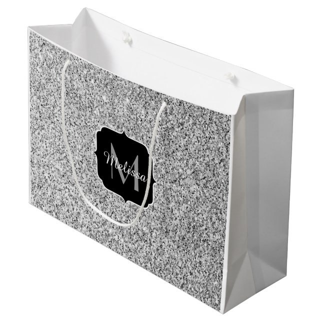 Bolsa De Regalo Grande Purpurina de luz gris plateado brillante Monograma (Angulo Anverso)