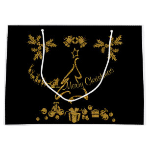 Bolsa De Regalo Grande Purpurina de oro Feliz Navidad, Santa Claus