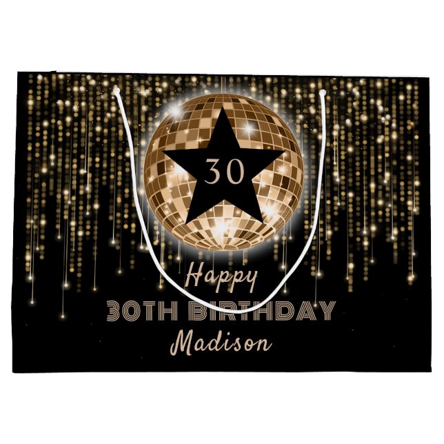 Bolsa De Regalo Grande Purpurina de Oro Negro Feliz cumpleaños número 30 (Reverso)