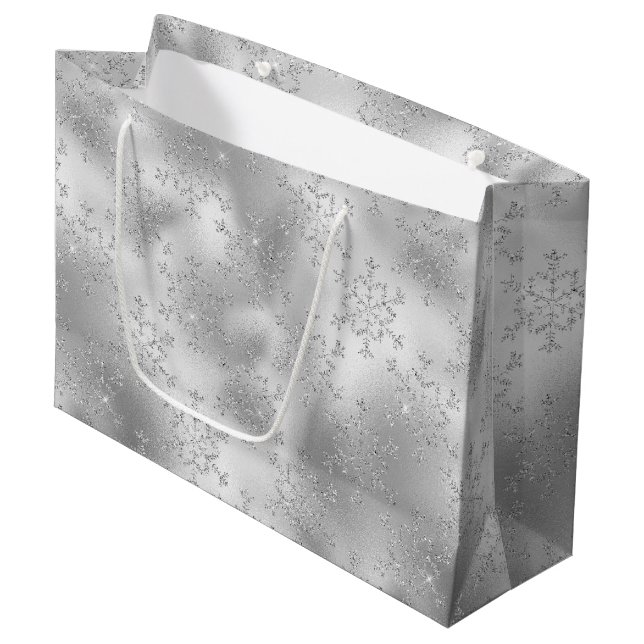 Bolsa De Regalo Grande Purpurina de plata Glitzy Snowflakes (Angulo Anverso)