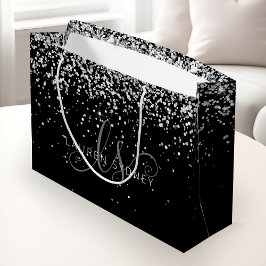 Bolsa De Regalo Grande Purpurina de plata negra Glam Monograma Nombre
