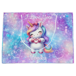 Bolsa De Regalo Grande Purpurina de unicornio lindo te amo nombre persona