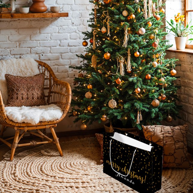 Bolsa De Regalo Grande Purpurina Dorado Black Merry Christmas Polka Dots (Golden Glitter Black Merry Christmas Polka Dots Large Gift Bag)