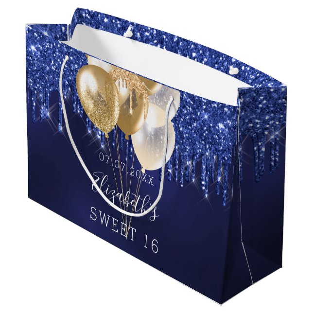 Bolsa De Regalo Grande Purpurina dorado dulce 16 azul marino gotea globos (Angulo reverso)