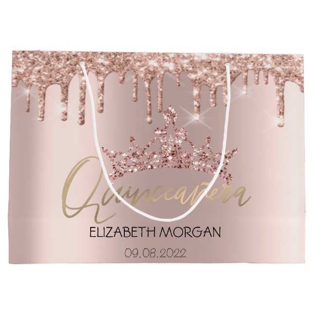 Bolsa De Regalo Grande Purpurina Dris Rosa Gold Tiara Quinceañera (Reverso)