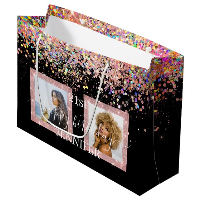 Bolsa De Regalo Grande Purpurina holográfico Personalizado foto cumpleaño (Angulo Anverso)