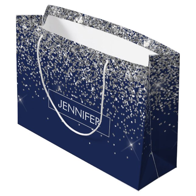 Bolsa De Regalo Grande Purpurina Monograma de la Marina Blue Silver Glam (Angulo reverso)