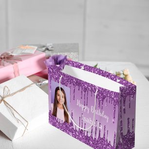 Bolsa De Regalo Grande Purpurina morado de cumpleaños gotea 2 nombre de f