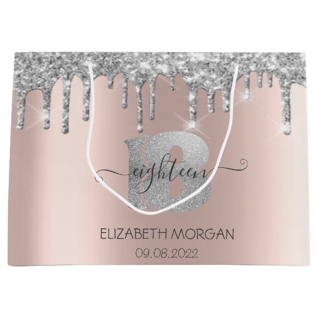 Bolsa De Regalo Grande Purpurina Plata Drips Rosa Oro 18 cumpleaños (Anverso)