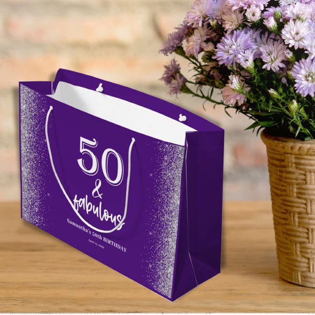 Bolsa De Regalo Grande Purpurina Plata Morado 50 cumpleaños (Subido por el creador)