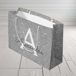 Bolsa De Regalo Grande Purpurina plateado de lujo y monograma espumoso