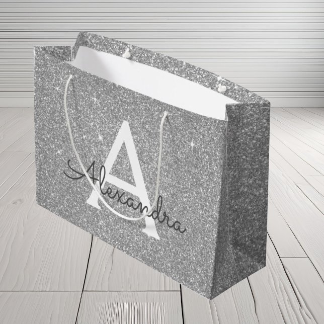Bolsa De Regalo Grande Purpurina plateado de lujo y monograma espumoso (Subido por el creador)