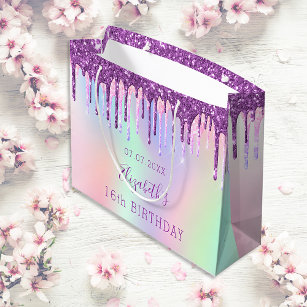 Bolsa De Regalo Grande Purpurina púrpura de arcoiris de cumpleaños goteo 