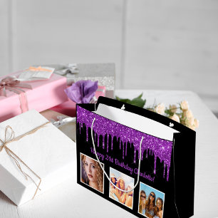 Bolsa De Regalo Grande Purpurina púrpura de cumpleaños gotea monograma ne