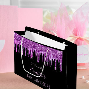 Bolsa De Regalo Grande Purpurina púrpura de cumpleaños goteo rosa monogra